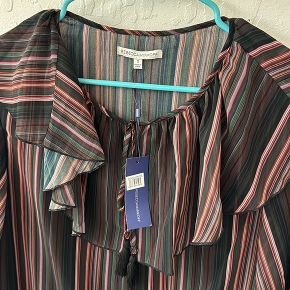 Rebecca Minkoff Patti Striped Multicolor Ruffle Bell Sleeve Tassel Blouse Small - Picture 4 of 5